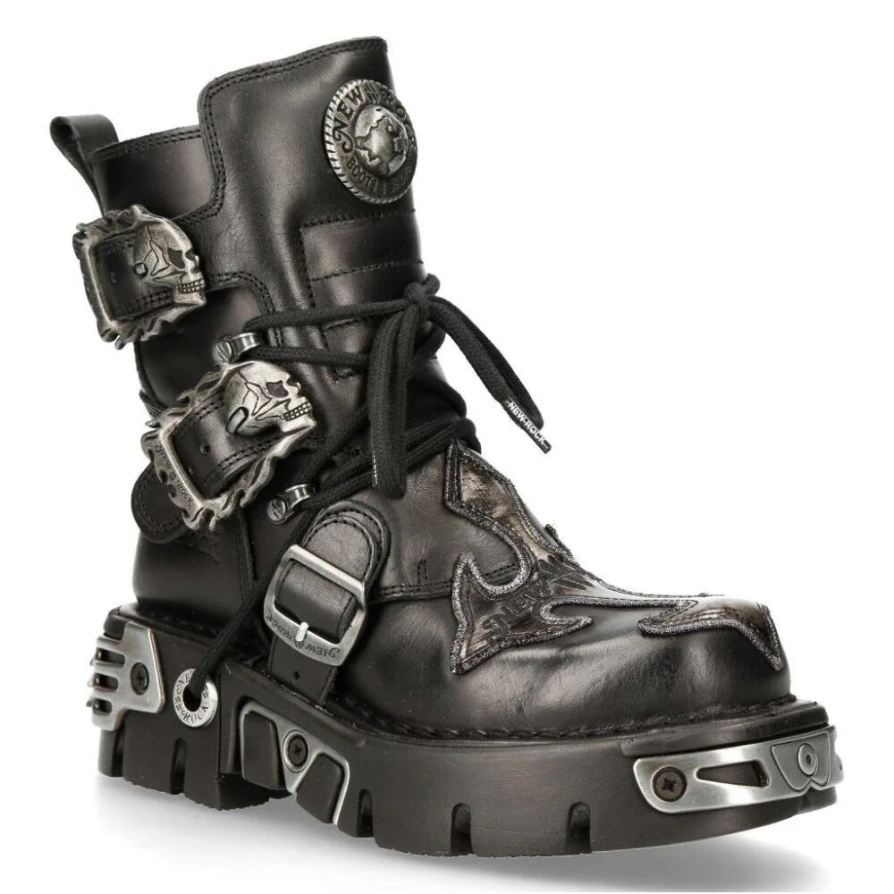 New Rock Silver Cross Black Leather Biker Boots-407-S1 Size 38